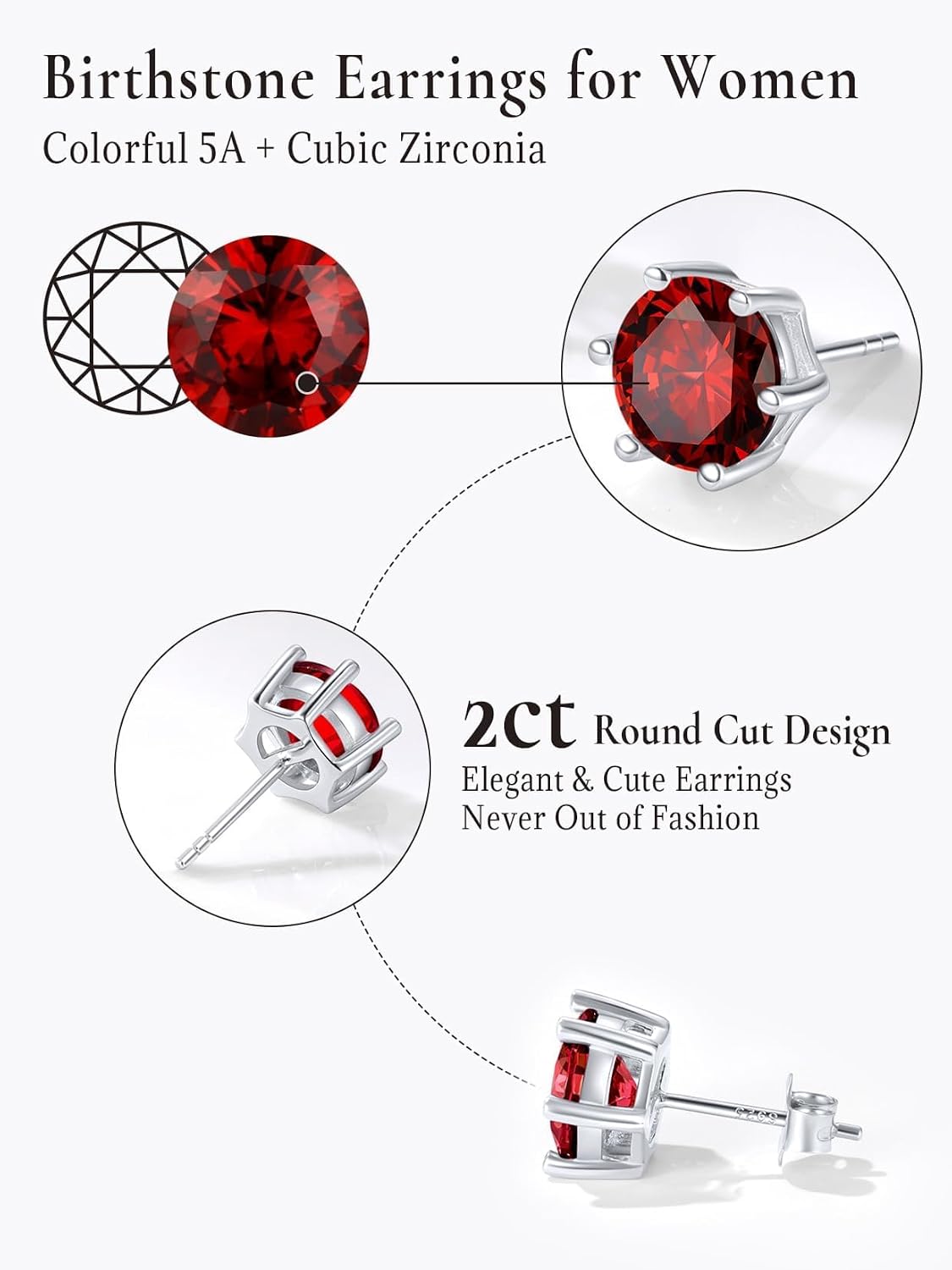 SILVERCUTE 925 Sterling Silver 2ct Birthstone Stud Earrings,Hypoallergenic Round/Heart/Square Birthstone Earrings for Women Birthday Christmas Jewelry