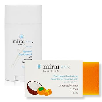Mirai Clinical Ultimate Freshness Duo - Eliminate Nonenal Body Odor with Persimmon Power for Odor-Free Confidence - 100g Sensitive Soap Bar and 75g Unisex Deodorant Unscented