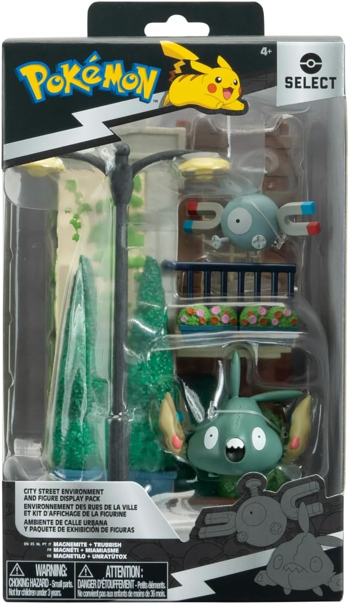 Jazwares Pokémon Select City Street Environment Set – 6-Inch Multi-Level Display Diorama with Magnemite & Trubbish 2" Battle Figures (Official Licensed)