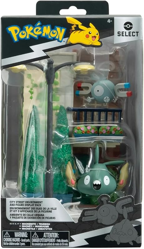 Juego Pokémon Select City Street – Diorama de pantalla multinivel de 6 pulgadas con figuras de batalla de 2"de magnemita y trubbish (con licencia oficial)