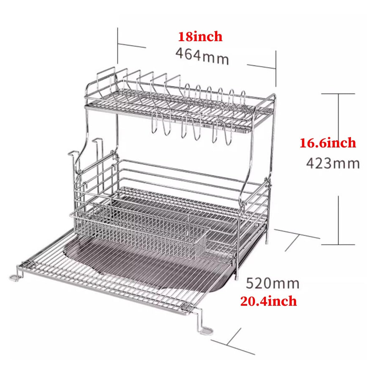 Escurridor de Platos Extensible con Bandeja recogegotas, escurridor Grande de encimera, escurridor con Soporte para Copas de Vino, portavasos y Soporte para Cubiertos (Plateado, 2 Niveles)