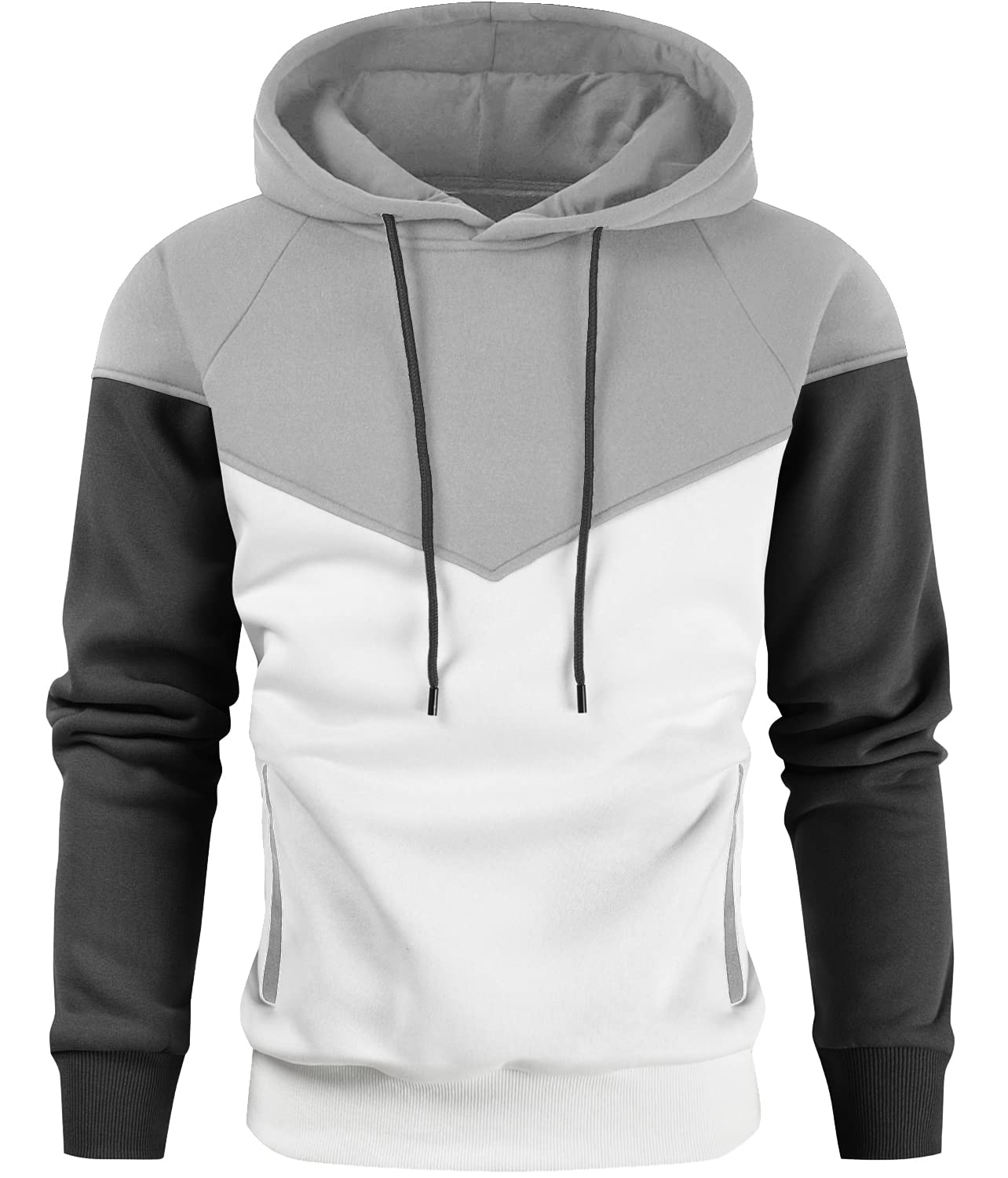 Niceif Men's Grey White Color Block Pullover Fleece Blend Hooded Sweatshirt Cozy Sport Outwear, Large