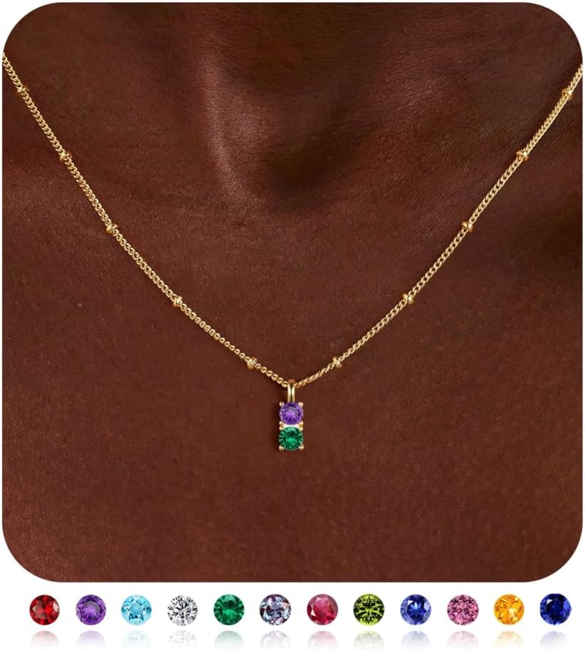 Turandoss Two Birthstone Necklaces for Women Trendy, Dainty 14K Gold Plated Double 12 Months Blue Green Emerald Birthstone Pendant Necklaces Birthday Jewelry Personalized Gifts for Women Girls