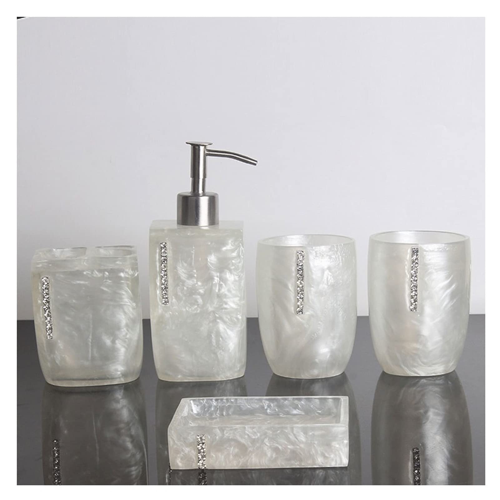 Juego de 5 accesorios de baño con tachuelas de diamante, kit de suministros de baño, dispensador de jabón, soporte para cepillo de dientes, jabonera y juego de tazas de jabón