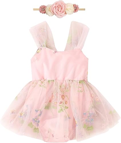 Miniatura 14 de IDOPIP Conjunto de 2 piezas para bebé recién nacido, con diadema, bordado de flores, tutú, princesa, fiesta de cumpleaños, conjunto de ropa