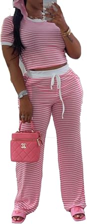 Women Striped 2 Piece Outfits Sets Sexy Crew Neck Tops Wide Leg Pants Sets Jumpsuits Club Outfits