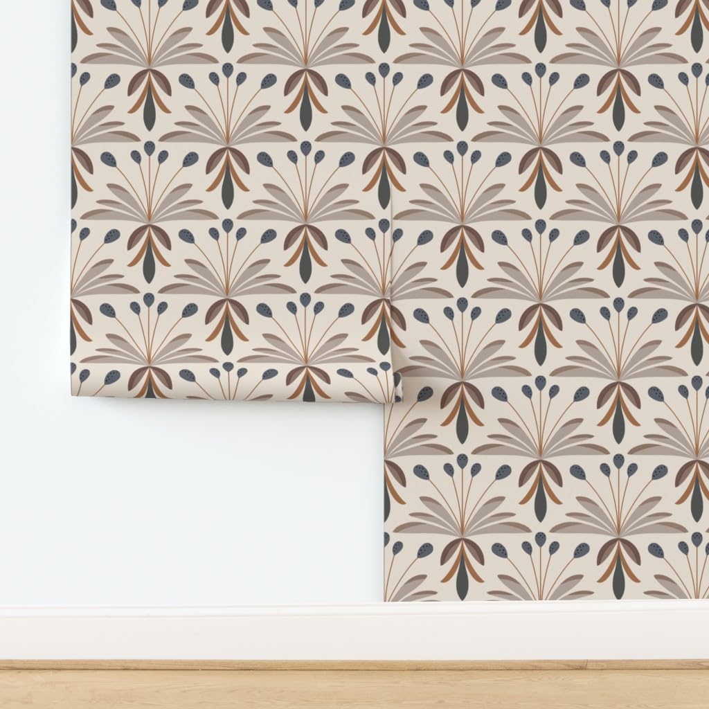 Peel & Stick Wallpaper 3ft x 2ft - 20S Geo Floral Geometric Flowers Taupe Tan Neutral Earth Tones Bouquet Novelty Vintage Custom Removable Wallpaper by Spoonflower