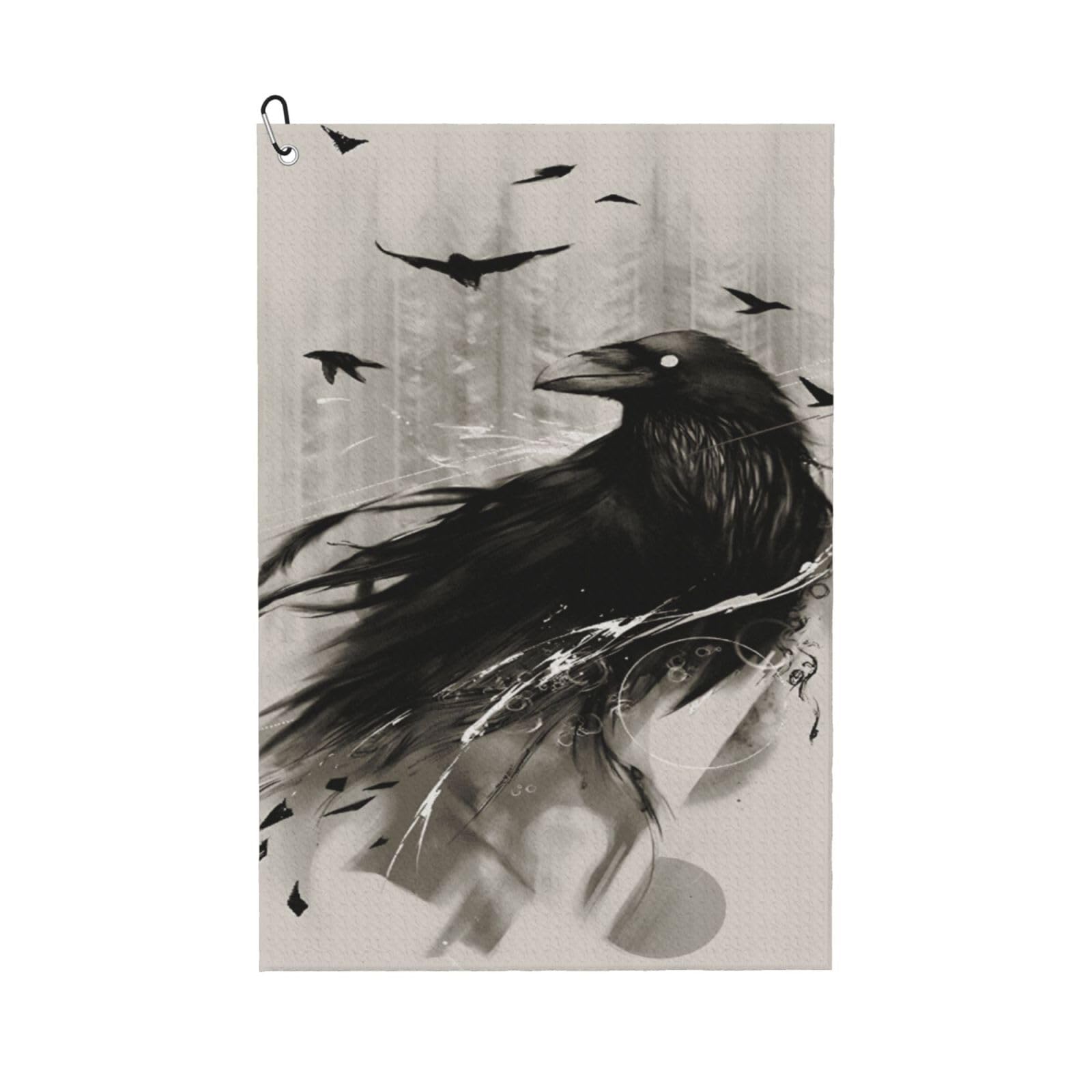 Oudrspo Crow Art Microfiber Golf Towel with Carabiner Clip, 16x24 Inch Absorbent Waffle Weave Towel for Golf Bags