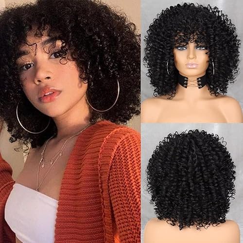 Xuehua Peluca afro rizada negra para mujer pelucas rizadas negras rizadas para mujer peluca rizada sintética natural con flequillo