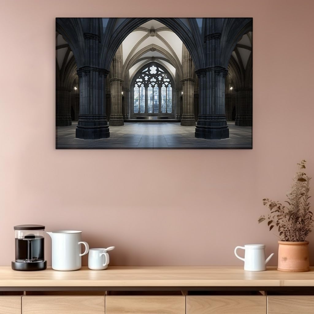 Canvas for Living room. Whispers of Grandeur in the Silent Stone Hallway - A Dance of Light and Shadows, 27 x 18 inch Canvas Wall Art - Ready to Hang