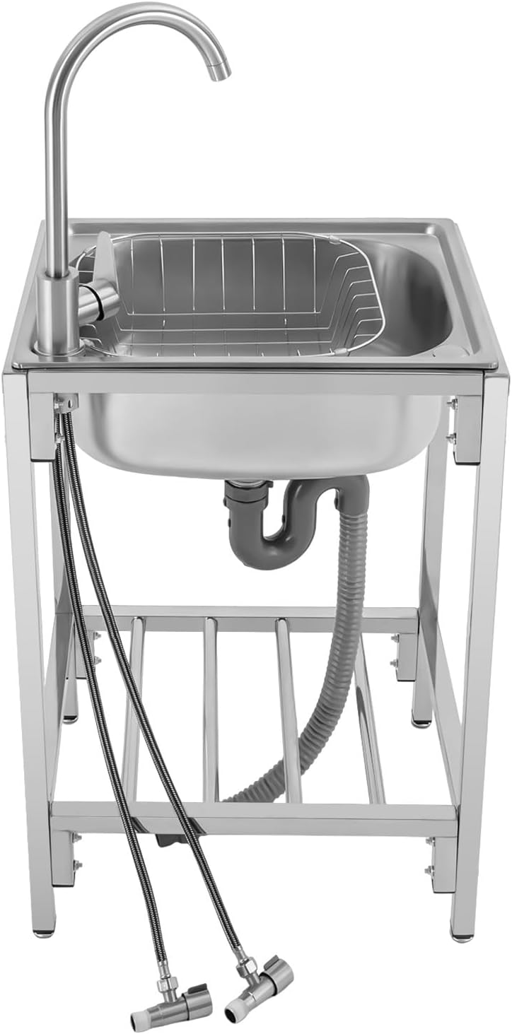 Stainless Steel Kitchen Sink with Stand, Single Basin Laundry Sink with Hot & Cold Tap, Utility Sink for Home, Backyard, Garage - Durable & Stylish