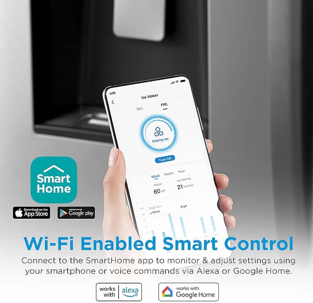 Smartphone screen showing the SmartHome app interface for controlling the refrigerator, with icons for ice making and water usage.