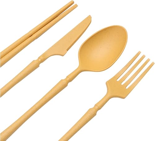Miniatura 5 de Lyellfe Juego de vajilla de paja de trigo de 44 piezas, platos irrompibles para acampar, tazas y cuencos, platos de cocina ligeros con cuchillos,