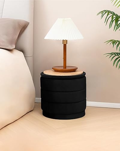 Miniatura 8 de B FSOBEIIALEO Otomana redonda de almacenamiento de terciopelo con bandeja, otomana plegable con mesa auxiliar de almacenamiento, reposapiés para