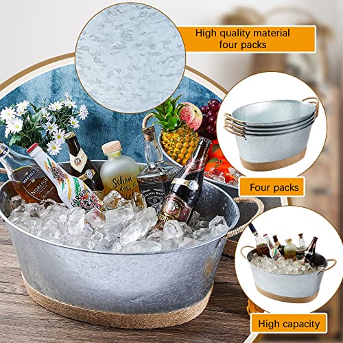 4 Pack 6.3 Gallons Galvanized Oval Beverage Tub Rustic Farmhouse Decor Ice Bucket Metal Drink Cooler Beverage Tub Drink Chill Wine And Beer Bucket For Home Swim Pool Party (Flax Rope Style) #TOP1