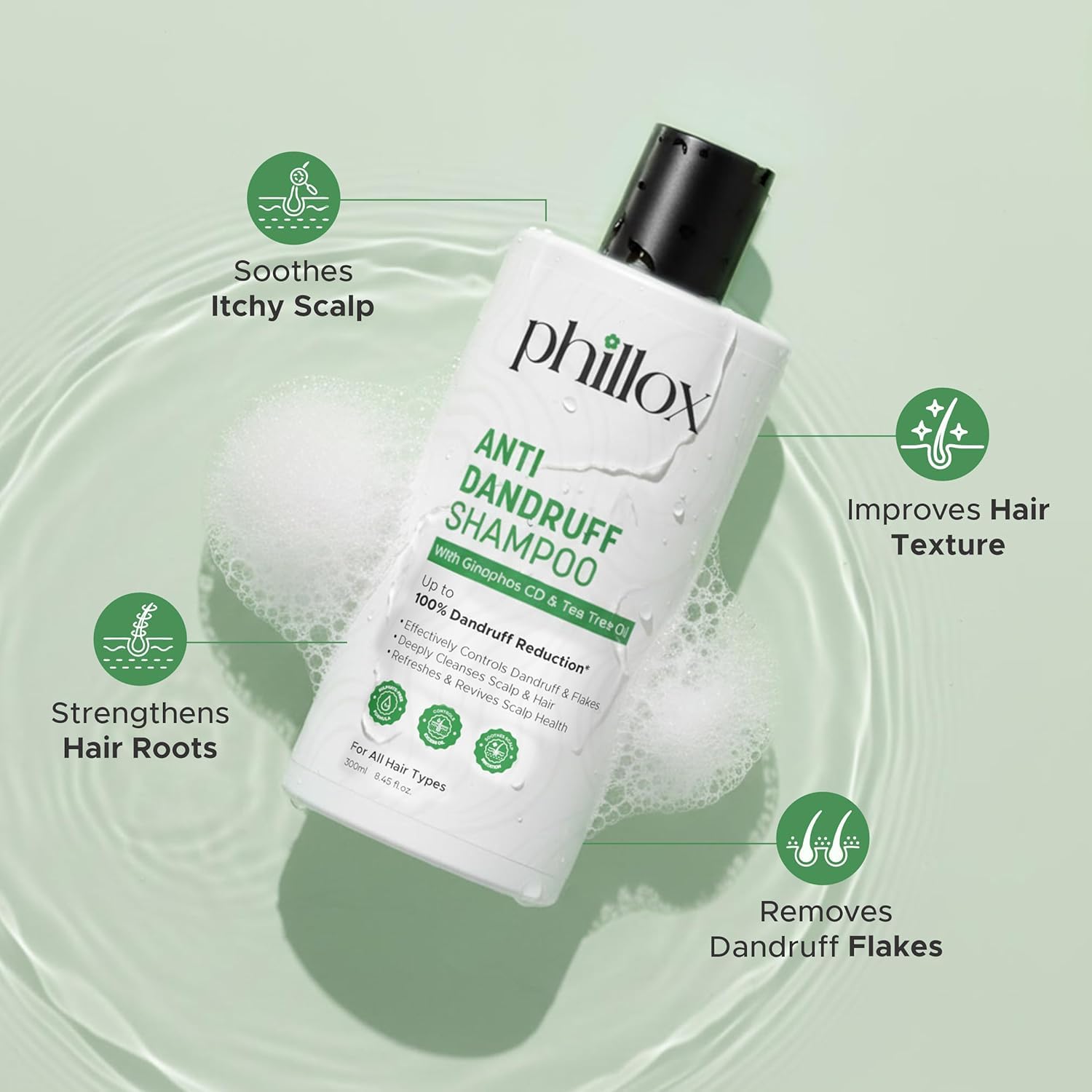 Phillonax Herbal Anti Dandruff Shampoo with Tea Tree Oil & Ginophos CD | Deep Scalp Cleansing | Controls Dandruff & Flakes | For All Hair Types | 300ml