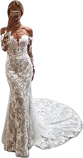 Mermaid Wedding Dresses for Bride Boho Tulle Long Sleeve Off Shoulder Lace Strapless Beach Bridal Dress for Bride