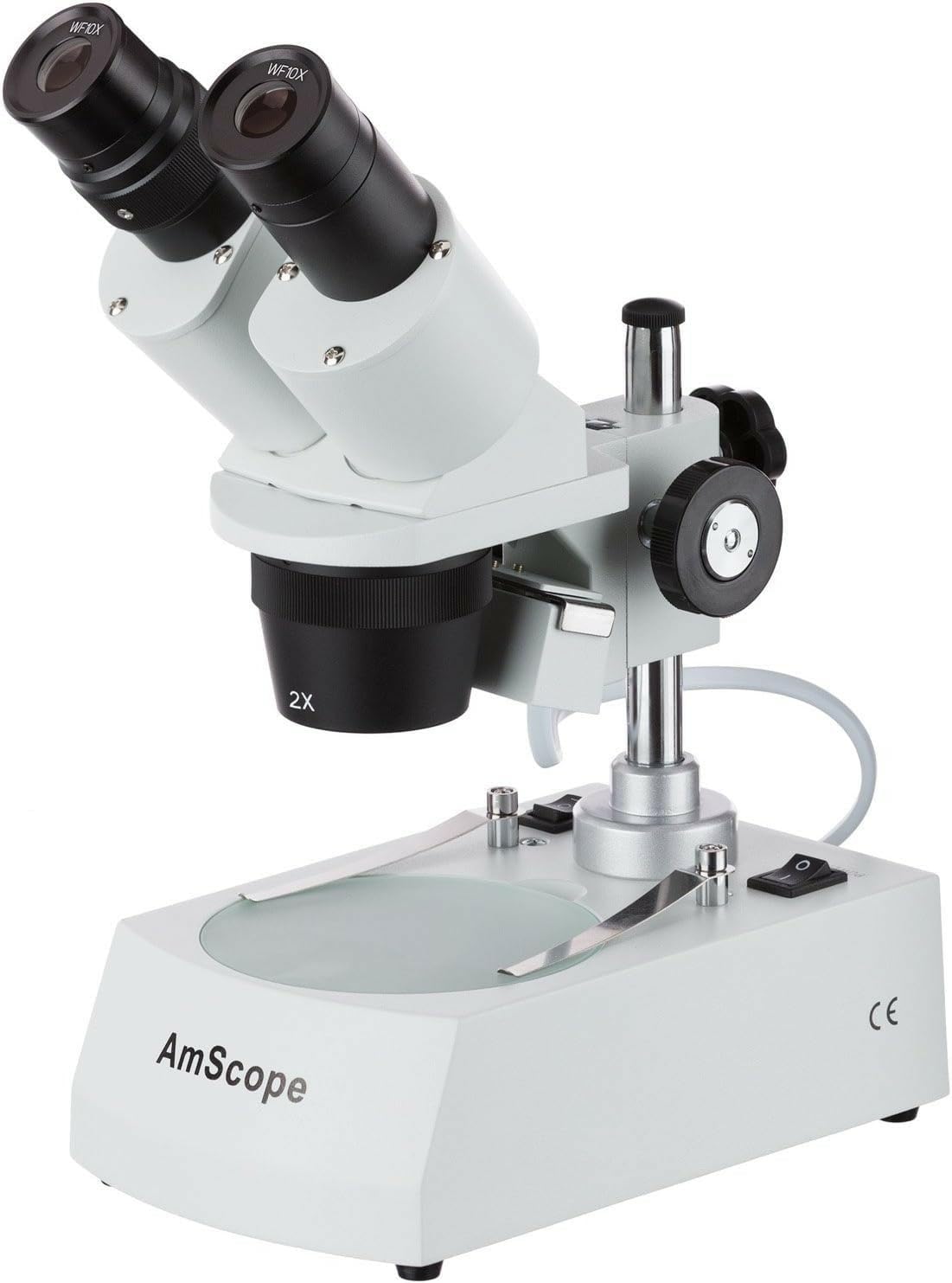 AmScope SE306R-P Forward-Mounted Binocular Stereo Microscope, WF10x Eyepieces, 20X and 40X Magnification, 2X and 4X Objectives, Upper and Lower Halogen Lighting, Reversible Black/White Stage Plate, Pillar Stand, 120V