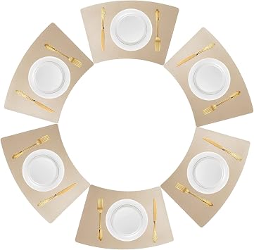 Round Table Placemats Set of 6, Faux Leather Reversible Wedge Place Mats, Heat Resistant Wipeable Vinyl Table Mats For Kitchen Dining Patio Table, Easy to Clean  Color Gold , Size Set of 6