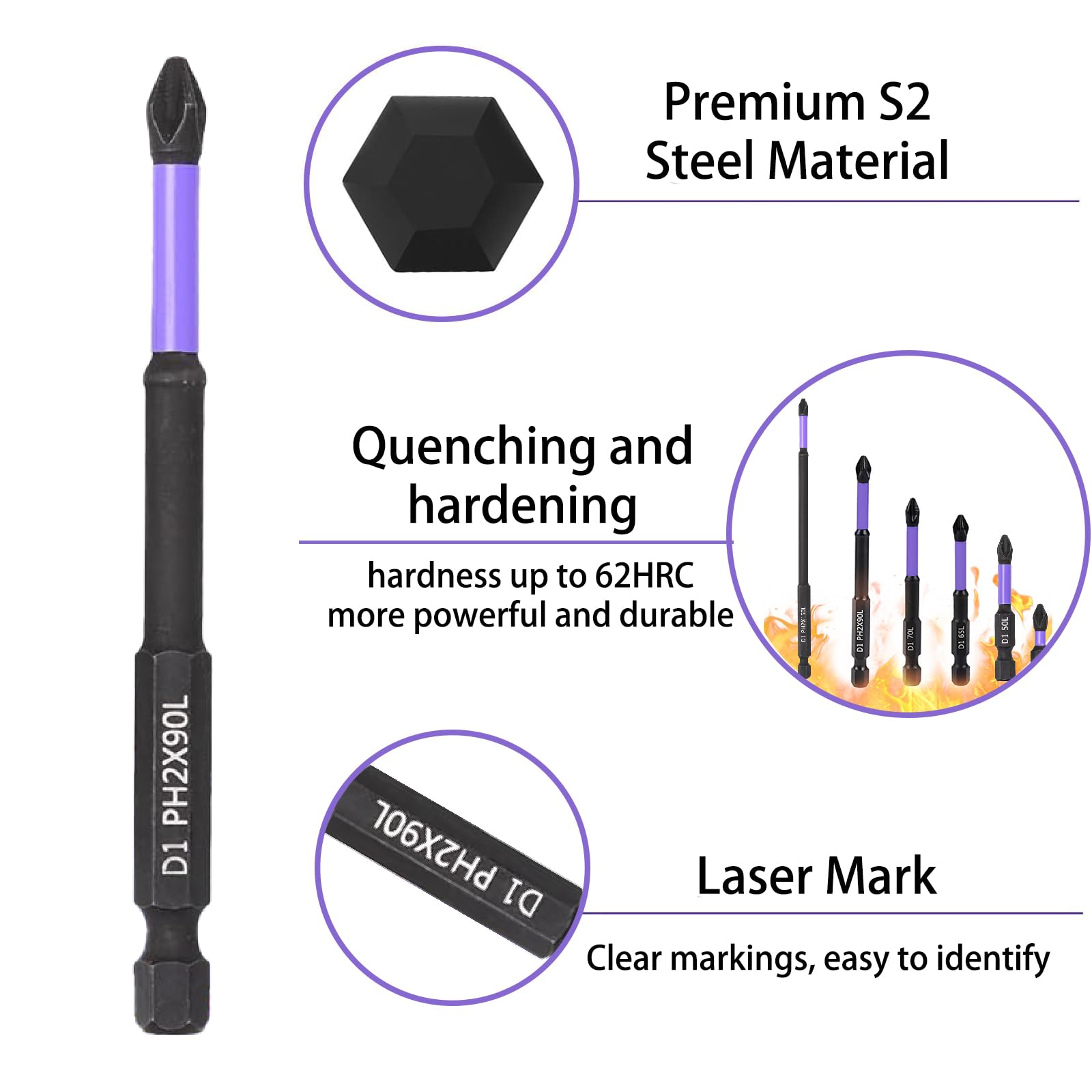 12 Pcs Ph2 Impact Driver Bits,Long Screwdriver Bits,Magnetic Screwdriver Bits + 2 Magnetizers,Heavy Duty Impact Driver Bit Set including Purple Oxide Coating(150mm,90mm,70mm,65mm,50mm,25mm) - Image 2