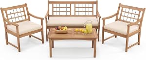 RELAX4LIFE Wood Patio Furniture Set - 4-Piece Outdoor Furniture w/Seat Cushions & Coffee Table, Loveseat Sofa Set for Balcony Porch Deck Poolside Backyard, Acacia Wood Conversation Set (Off White)