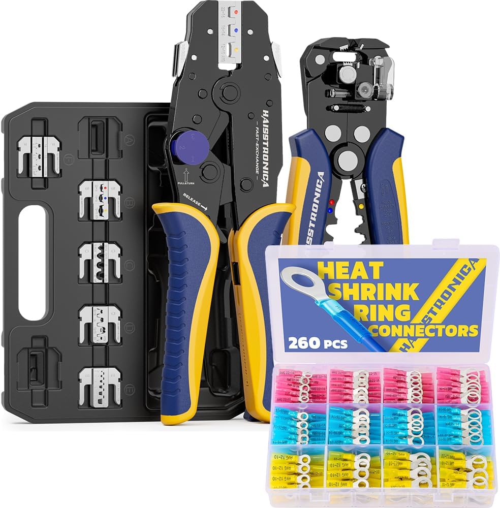 haisstronica 8PCS Rapid Replace Ratchet Crimping Tool Set+260PCS Marine Grade Heat Shrink Ring Connectors
