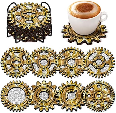 YLOLUL 8 Pcs Gear Diamond Painting Coasters Kits with Holder DIY Drinks Diamond Art Kits Cork Base Coasters for Adults Kids Beginners, DIY Art Crafts Supplies