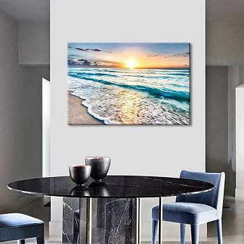TISHIRON Decoro murale, Tramonto sulla spiaggia, onde, per la casa, decorazione moderna, mare blu, pittura, stampa su tela, cornice in legno, pronto da appendere (30,5 x 20,3 cm