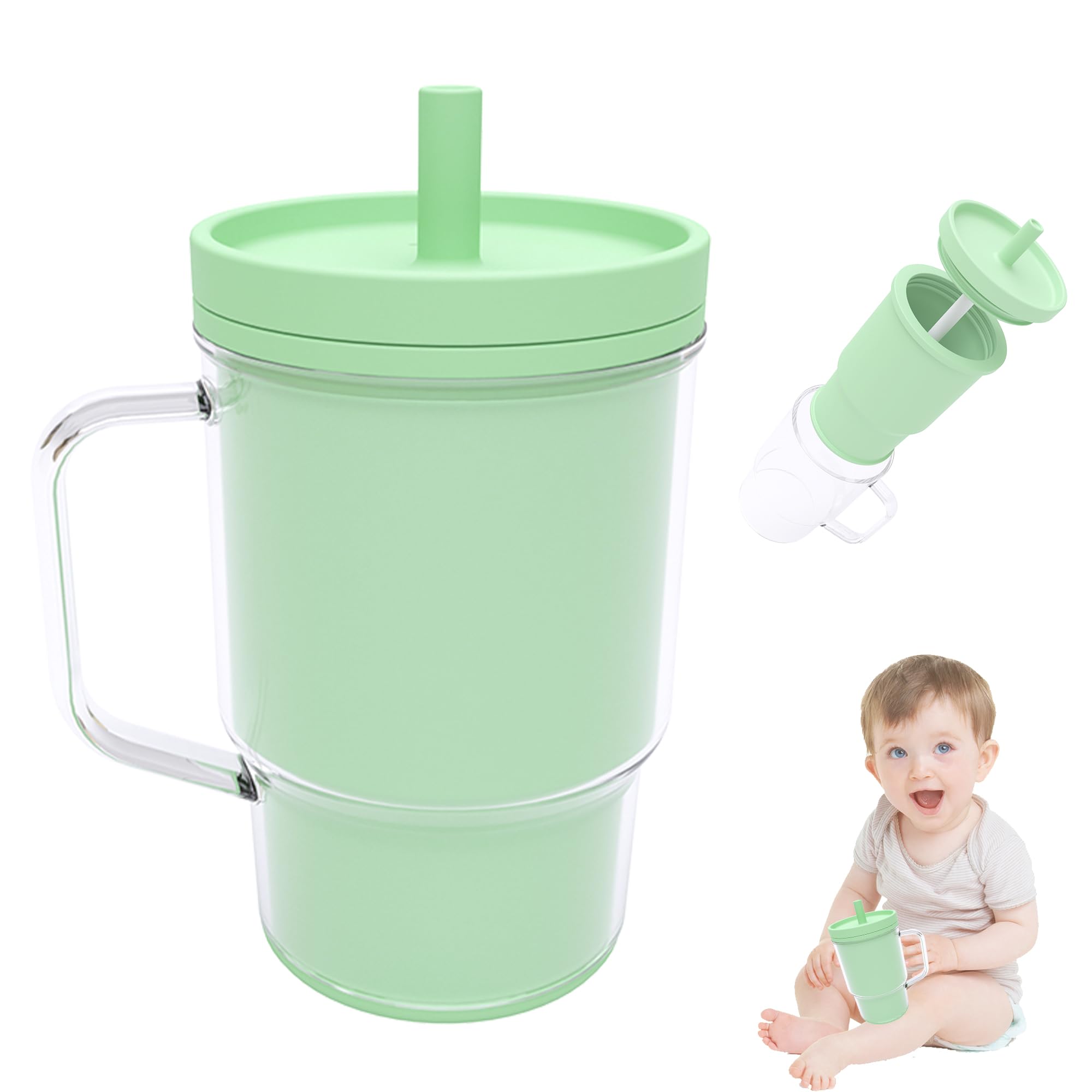 Ealloo Silicone Sippy Toddlers Cup with Handle & Reusable Silicone Straws for Kids ABS Baby Training Cup with Soft Spout Heat-Resistant, Leak-Proof, Sweat &Spill Proof, No Spill Flip-It 8.8oz (Green)