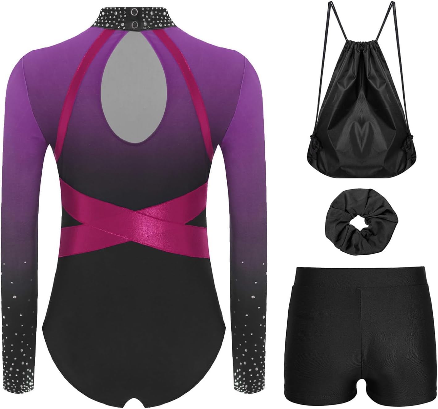 ACSUSS Gymnastics Leotard for Girls Rhinestone Biketard 4 Piece Dance Outfit with Shorts and Storage Bag Scrunchie