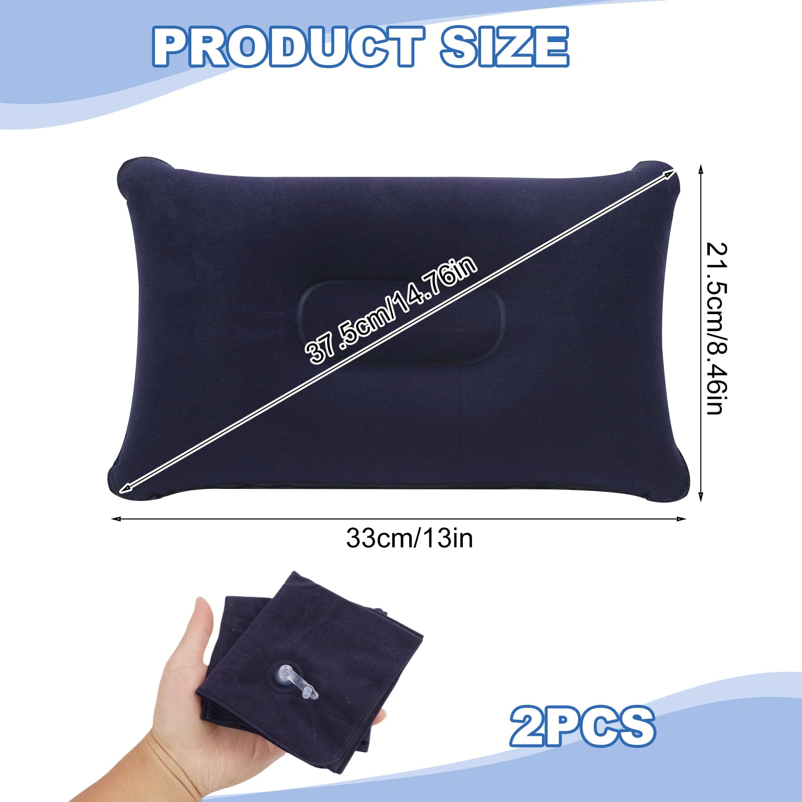 Pack de 2 Cojines Inflables Ultraligeros y Compactos para Viaje, Camping y Actividades al Aire Libre, Cojines Hinchables de Tela Afelpada Resistente al Agua, Color Azul Oscuro 35,5 cm x 22 cm x 10 cm