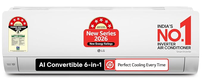 LG 1 Ton 5 Star, New star rated, Smart Inverter Split AC (Copper, AI Convertible 6-in-1 Cooling, Faster Cooling & Energy Saving, HD Filter with Anti-Virus Protection, Him Clean, AS-Q14YNZE, White)