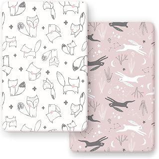 GRSSDER Stretchy Ultra Soft Jersey Knit Pack n Play Sheets Set 2 Pack, Portable/Mini Cribs Playard Sheets, Cute Foxes and Rabbits for Baby Girls and Boys