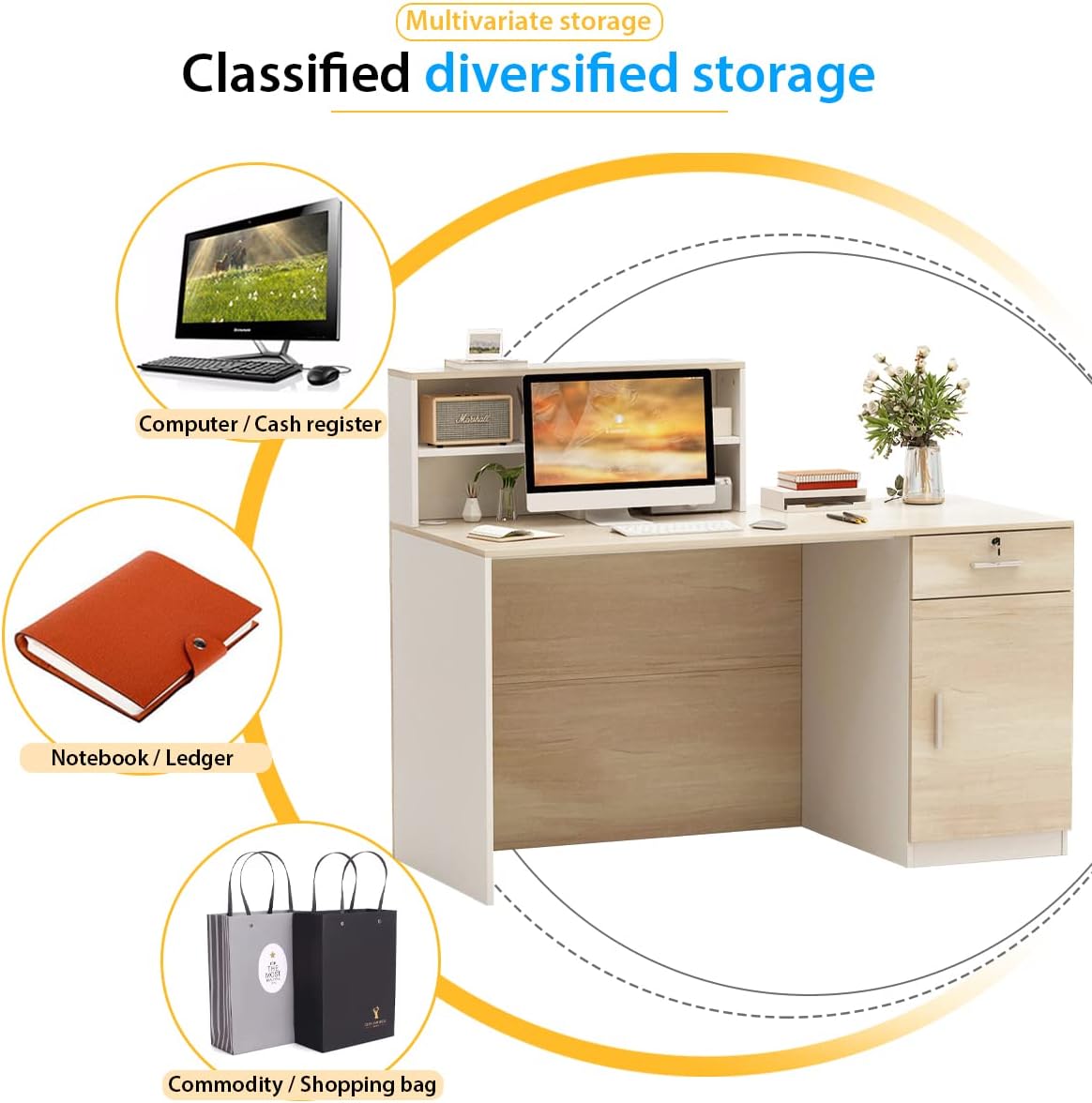 AGOTENI Reception Desk, Front Counter Desk with Lockable Drawer & Open Shelf, Reception Table Wooden Computer Desk for Office Reception Room, Black : Office Products