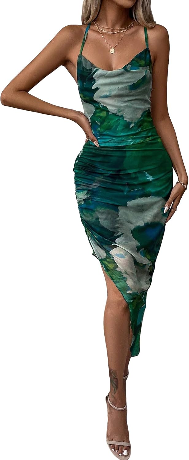 GORGLITTER Women's Mesh Ruched Bodycon Birthday Midi Dress Tie Dye Asymmetrical Party Going Out Wedding Guest Dresses