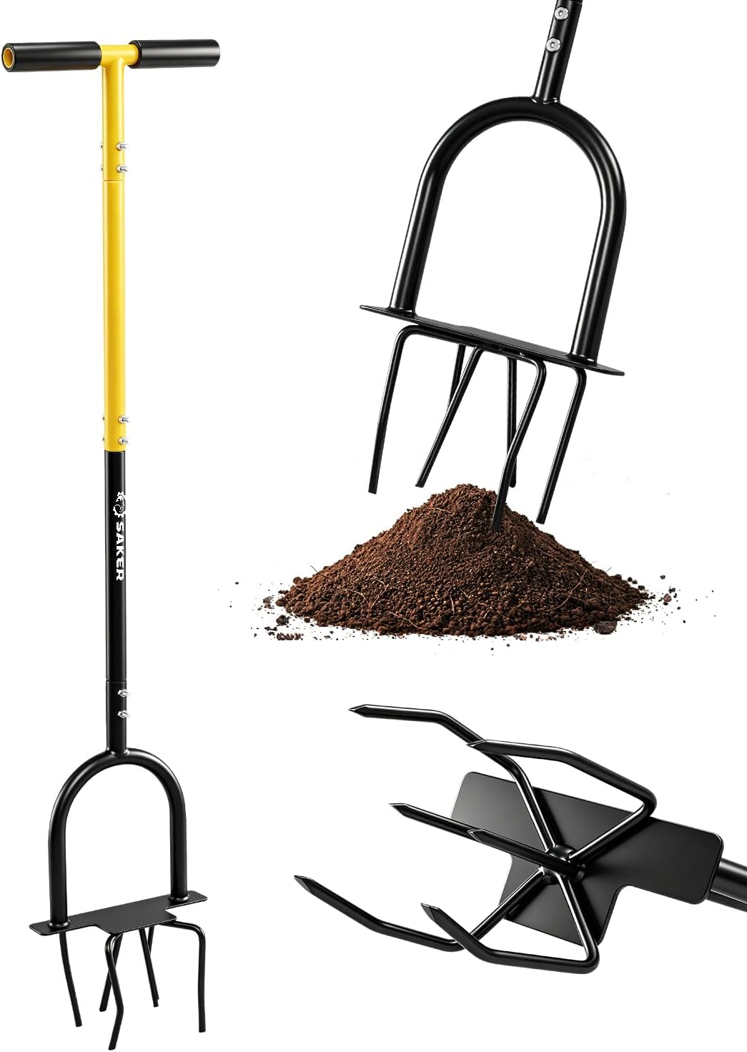Saker Hand Tiller Garden Tool – Manual Twist Cultivator for Gardening with Foot Plate, Steel Garden Claw & 32-Inch Long Handle, Heavy-Duty Soil Loosener for Raised Beds, Planting Boxes & Lawn Care