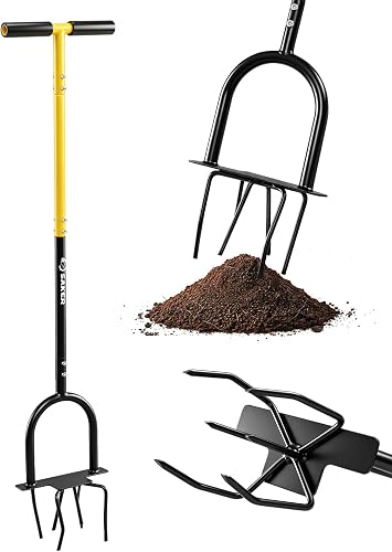 Saker Hand Tiller Cultivator with Foot Plate for Soil Loosening | Heavy-Duty Steel Garden Claw Manual Twist Tiller with 32in Long Handle, for Raised Beds, Planting Box & Lawn Care