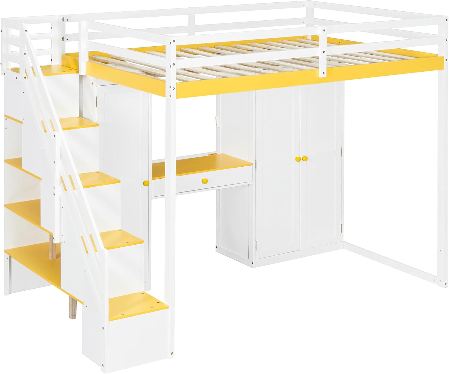 LZ LEISURE ZONE Full Size Loft Bed with Storage Staircase, Built-in Dressing Table with Mirror and Drawer, Wardrobe & Cabinets, USB Charging Ports and Lights, White+Yellow