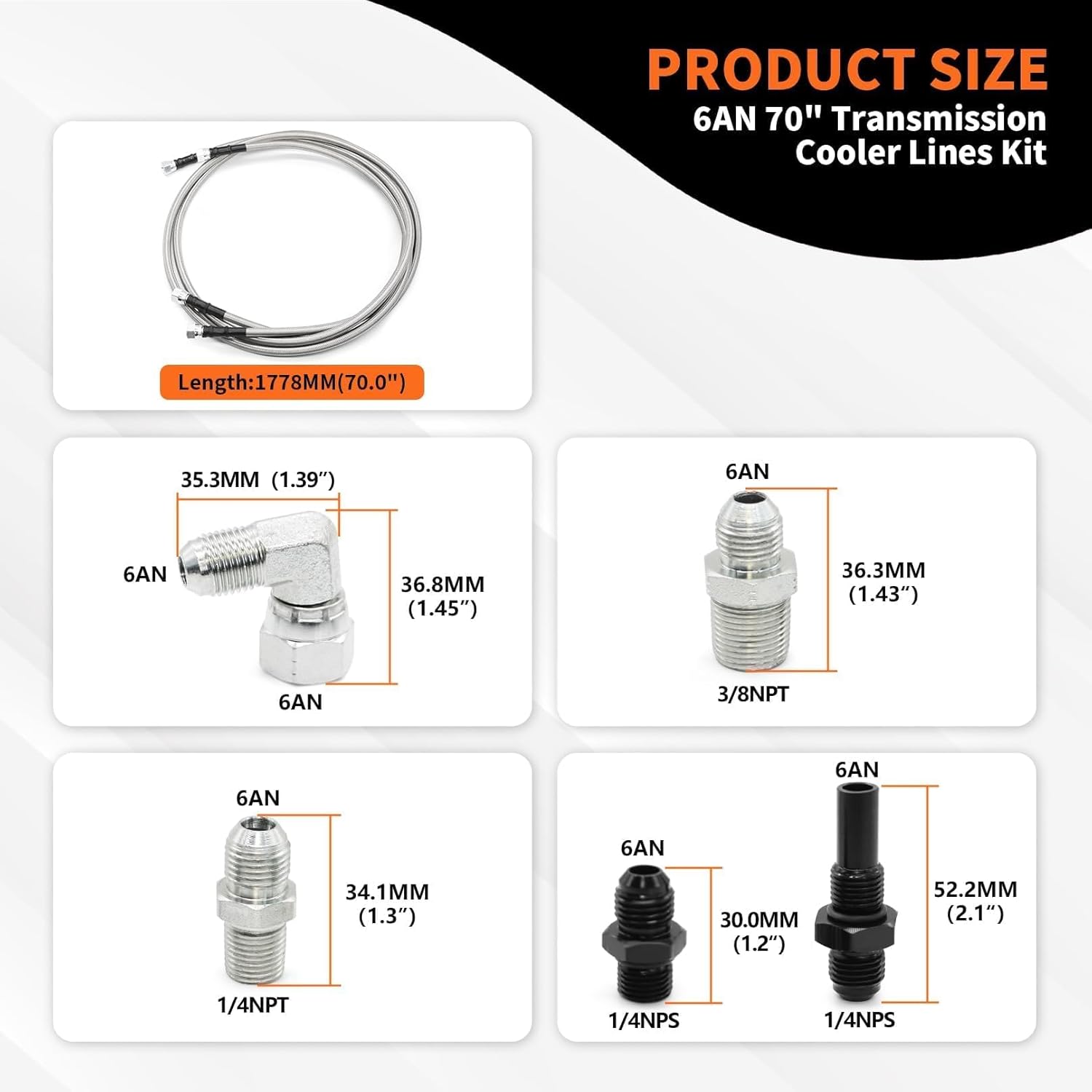 6AN 70" Transmission Fluid Oil Cooler Hose Line kit Compatible with Transmission TR6060 C5 C6 AOD 4L80E TH350 TH400 4L60E 700R4 200-4R