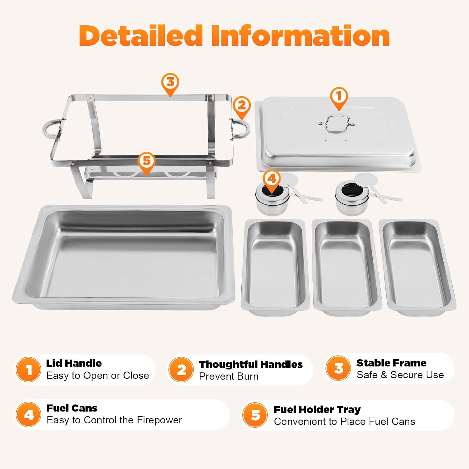 Chafing Dish Buffet Set, 410 Stainless Steel 3-Grid Rectangular Buffet Dish Warming Set W/Handle and Lid, Solid Alcohol Drive, 2.5L Large Capacity Per Grid, for Restaurant, Buffet, Hotel, Party