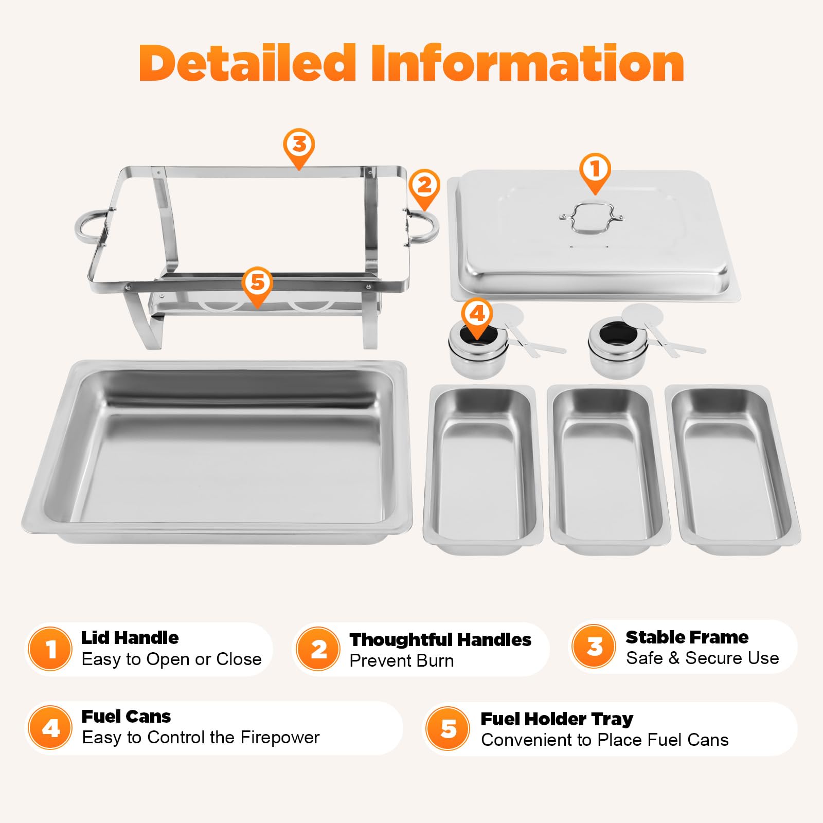 Chafing Dish - Set da buffet in acciaio inox, con 3 scomparti, con 2 supporti combustibile, rettangolare, per catering, buffet e feste.