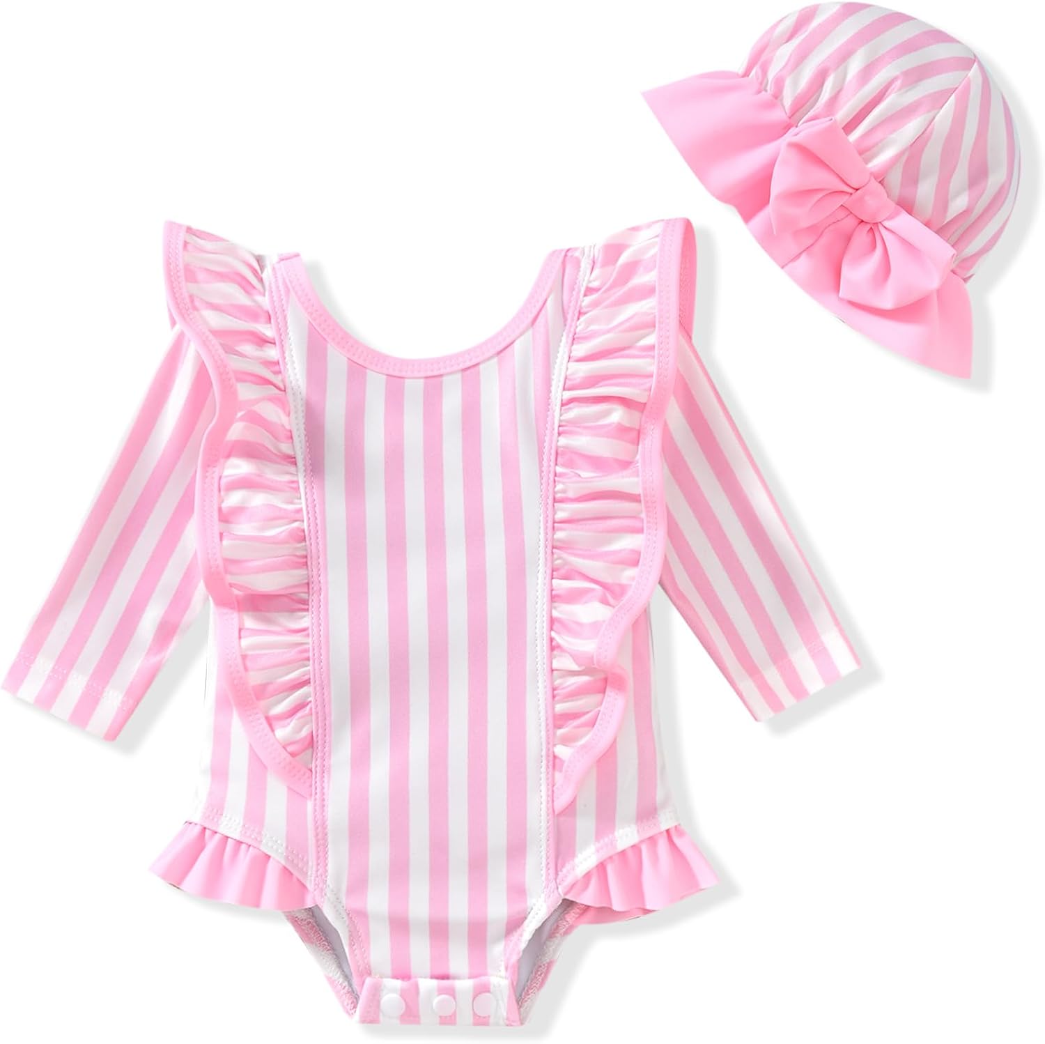 HINTINA Baby Girl One Piece Long Sleeve Ruffle Swimsuit with Hat