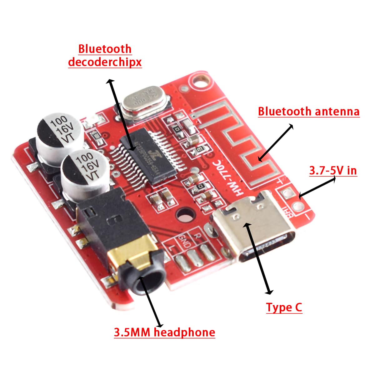Bluetooth 5.0 Audio Receiver Module - DIY MP3 Decoder Board for Car Audio & Home Speaker Systems, 3.7-5V DC with Type-C, Dual Channel Stereo Output(3PCS Red)