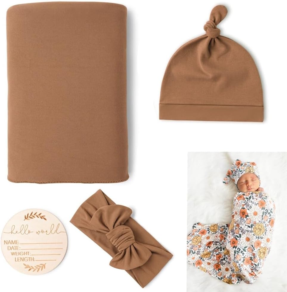EUBUY Newborn Receiving Blanket with Bow Hat Headband Wooden Card Set, 4PCS