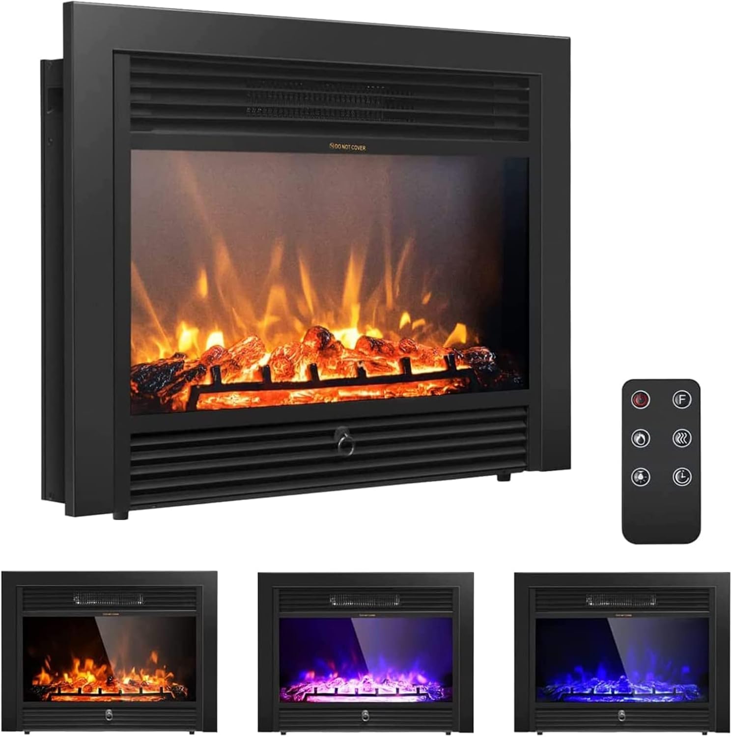 COSTWAY 28.5-Inch Electric Fireplace Inserts, 750W/1500W Wall Recessed and Freestanding Fireplace with 3 Flame Colors, 5 Brightness Settings, 8H Timer, Remote Control, Fireplace Heater for Indoor Use