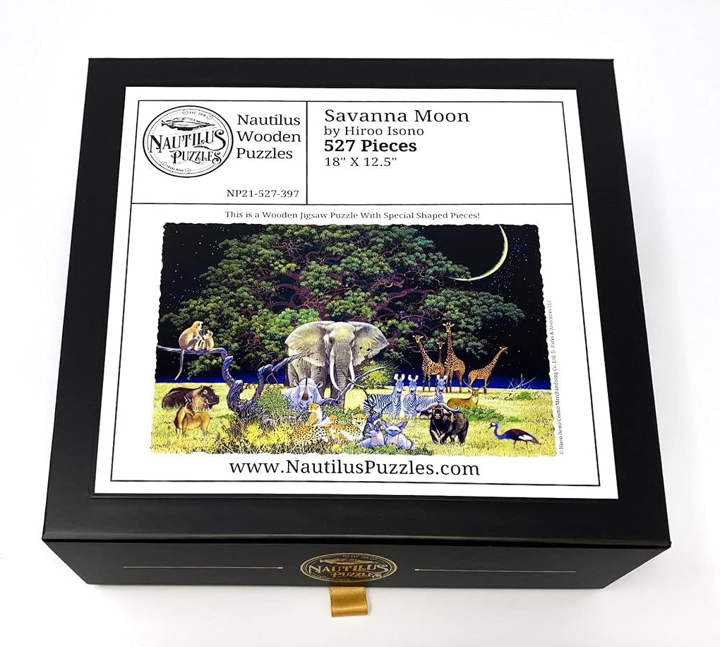 Wooden Jigsaw Puzzle for Adults - Savanna Moon - 527 Unique Wooden Pieces by Nautilus Puzzles. Made in The USA.