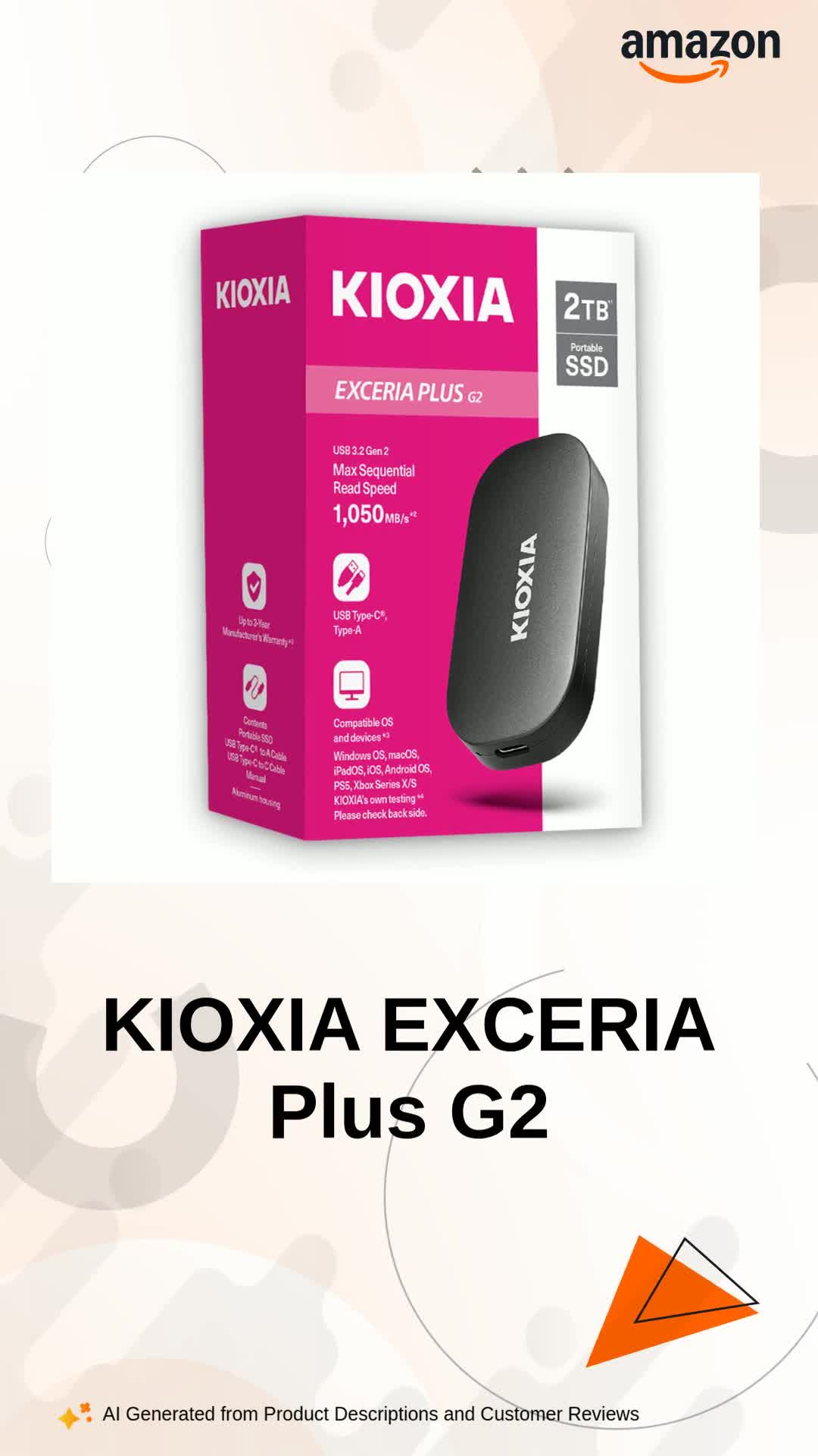 KIOXIA EXCERIA Plus G2 2TB Portable SSD, 1,050MB/s Read, 1,000MB/s