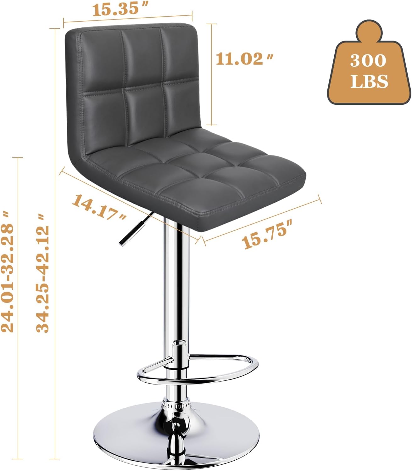 ERGOSEAT Bar Stools Set of 2, Armless Adjustable Swivel Barstools with Back, Double Needle PU Leather Counter Height Bar Stools for Kitchen Island, Grey