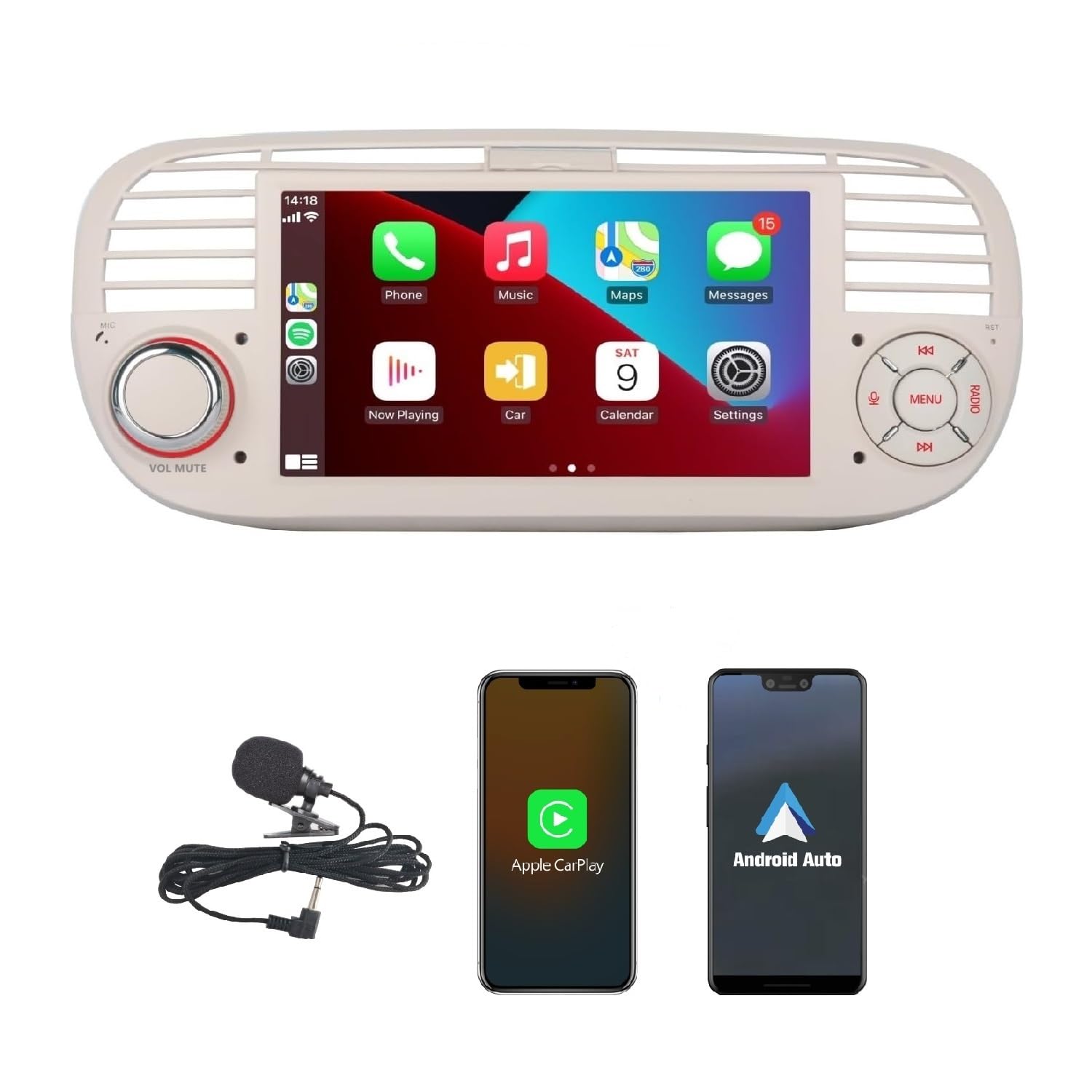 Wireless Carplay und Android Auto Autoradio für FIAT 500 2007-2015, Mirror Link Bluetooth 5.0 mit 7 Zoll Touchscreen RDS AM/FM USB DSP High Power Subw EQ SWC (Weiß)