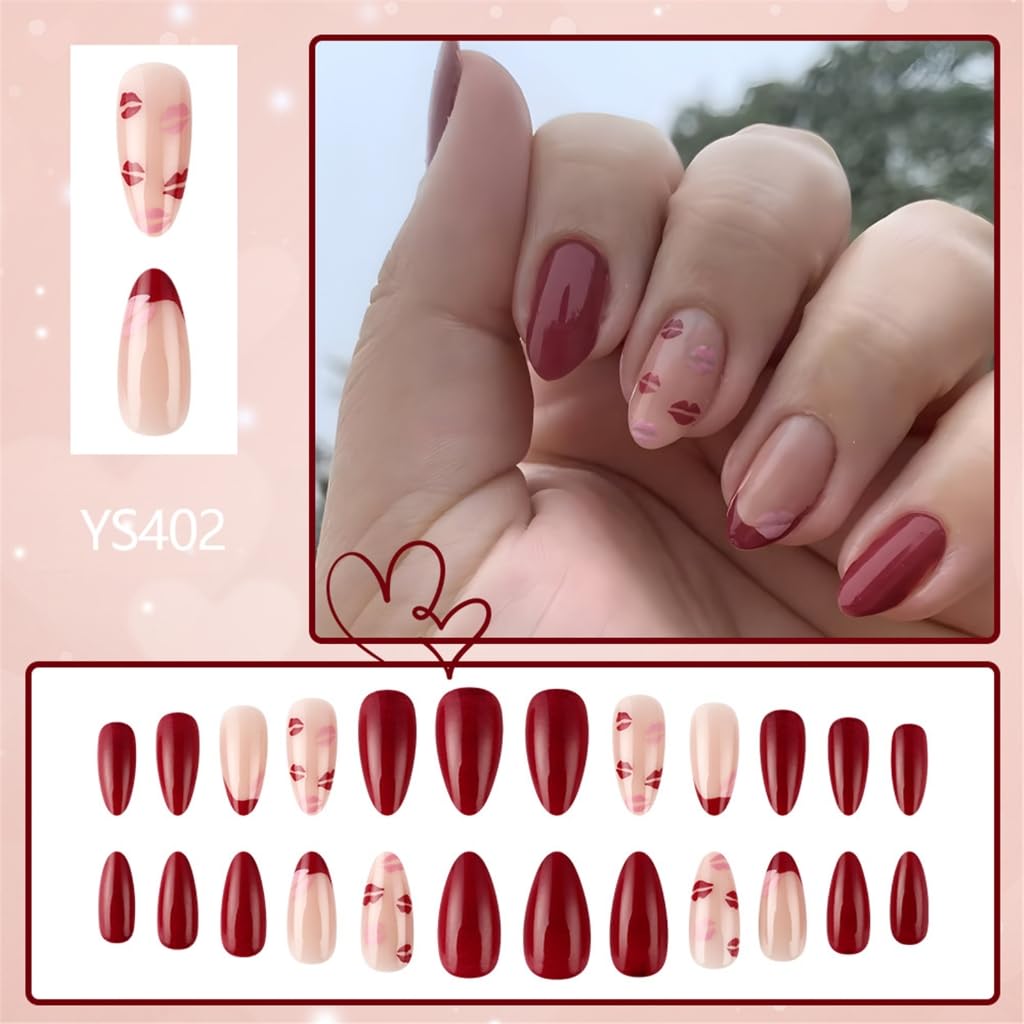 24 Pcs Valentines Day Stick on Nails French Tip False Nails Lips Print Manicures Supplies for Woman